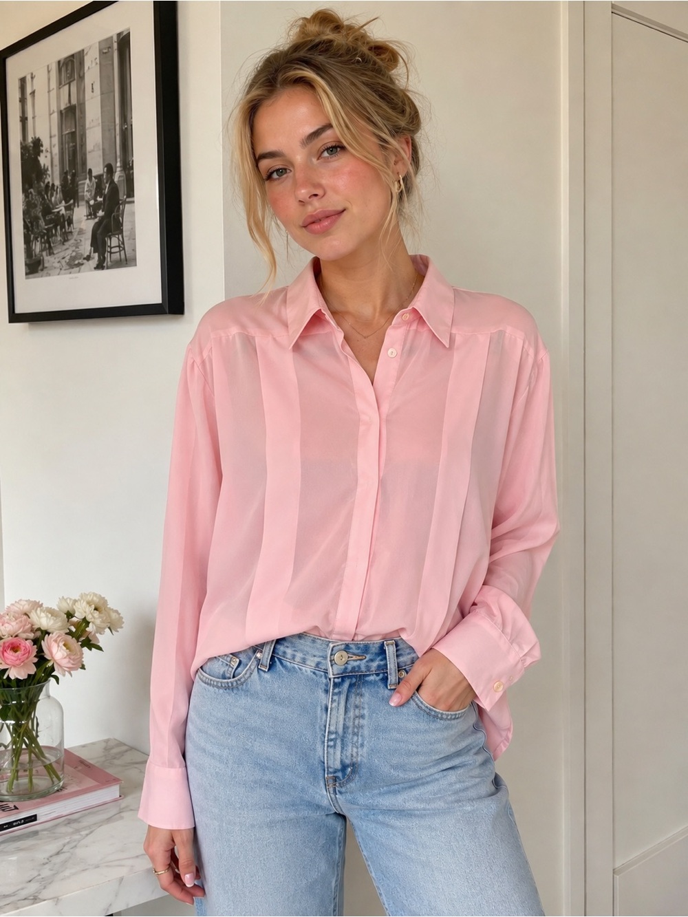 Vintage Chagall Women's Light Pink Pleated Button-Up Blouse